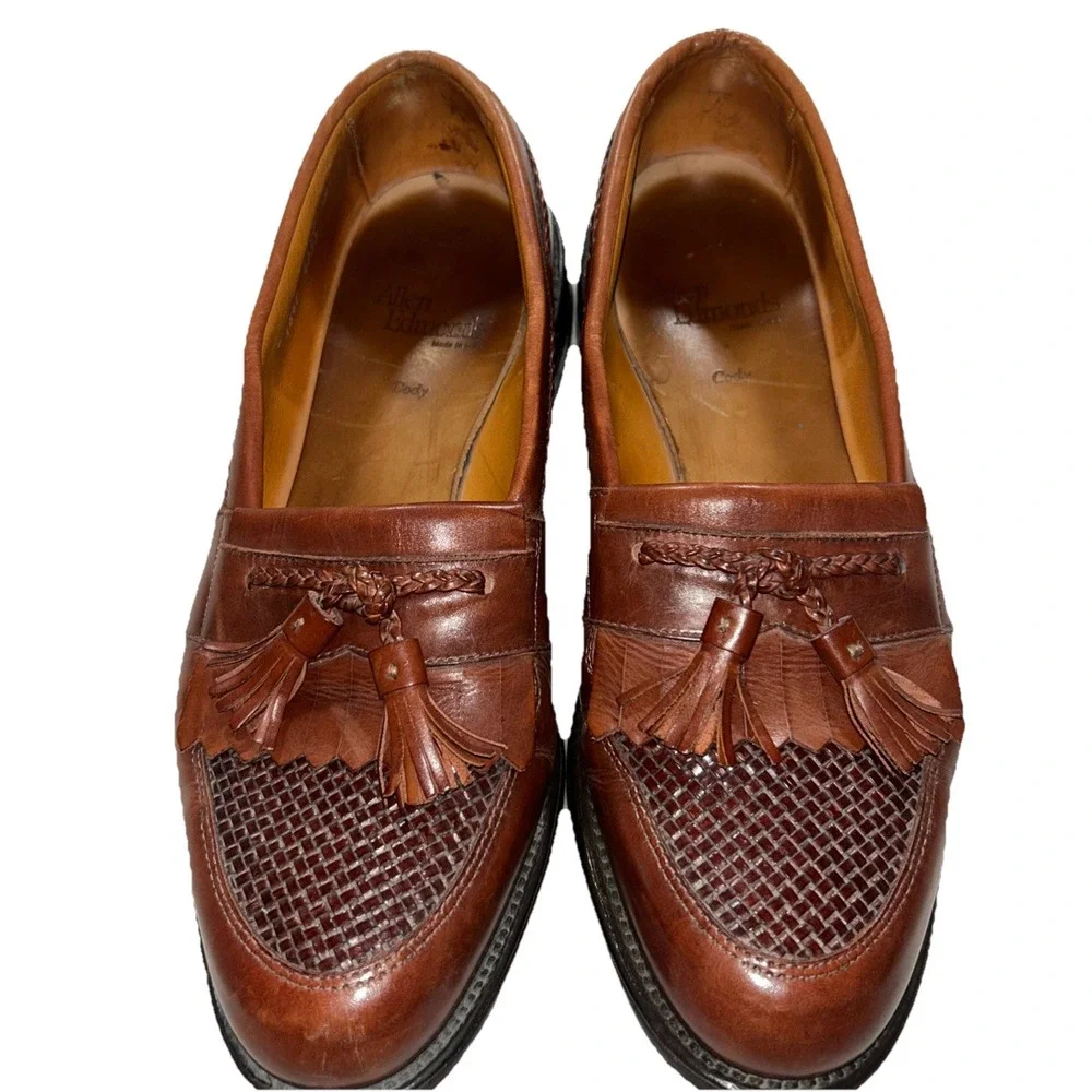 Allen Edmonds AE Cody Woven Tassel Loafer Sz 9.5 B Brown Leather‎ Kilt Shoe -USA